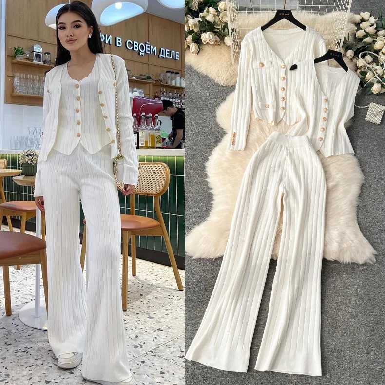 Three Piece Sets Women Pant Set Knitted V Neck Vests Spring Elegant Coats Tops Wide Leg Long Pants Single Breasted 2025 VintageT251022