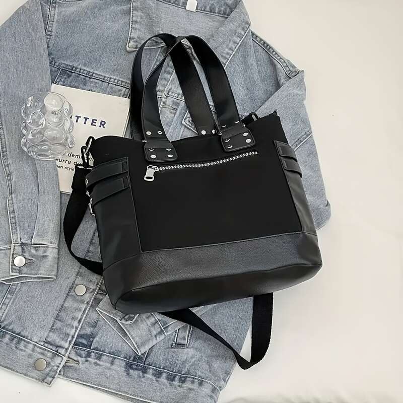 Punk Style Large-Capacity Handbag - Retro Solid Color With Rivet Embellishment, Adjustable Shoulder Strap, Nylon Material, Suitable Outdoor Daily Use,