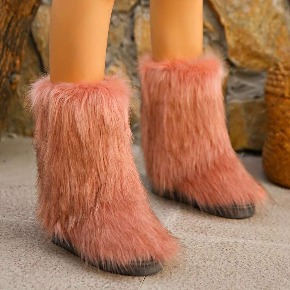 Trendy Fuzzy Faux Fur Plush Thermal Furry Boots, Casual Versatile Flat Wear Resistance Non Slip Snow Shoes
