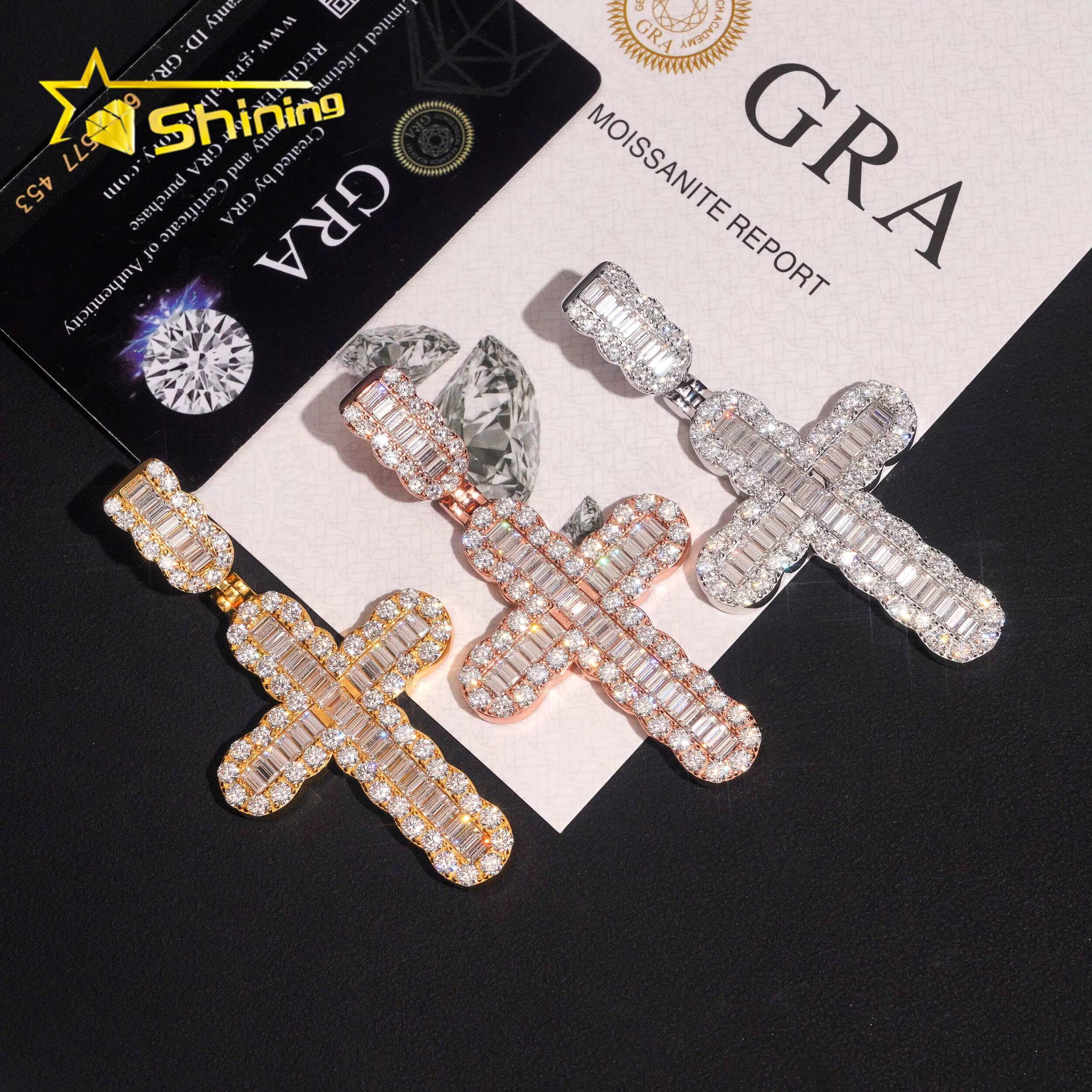 New Arrivals Hip Hop Style Rapper Jewelry 925 Silver Baguette Charms Moissanite Cross Pendant