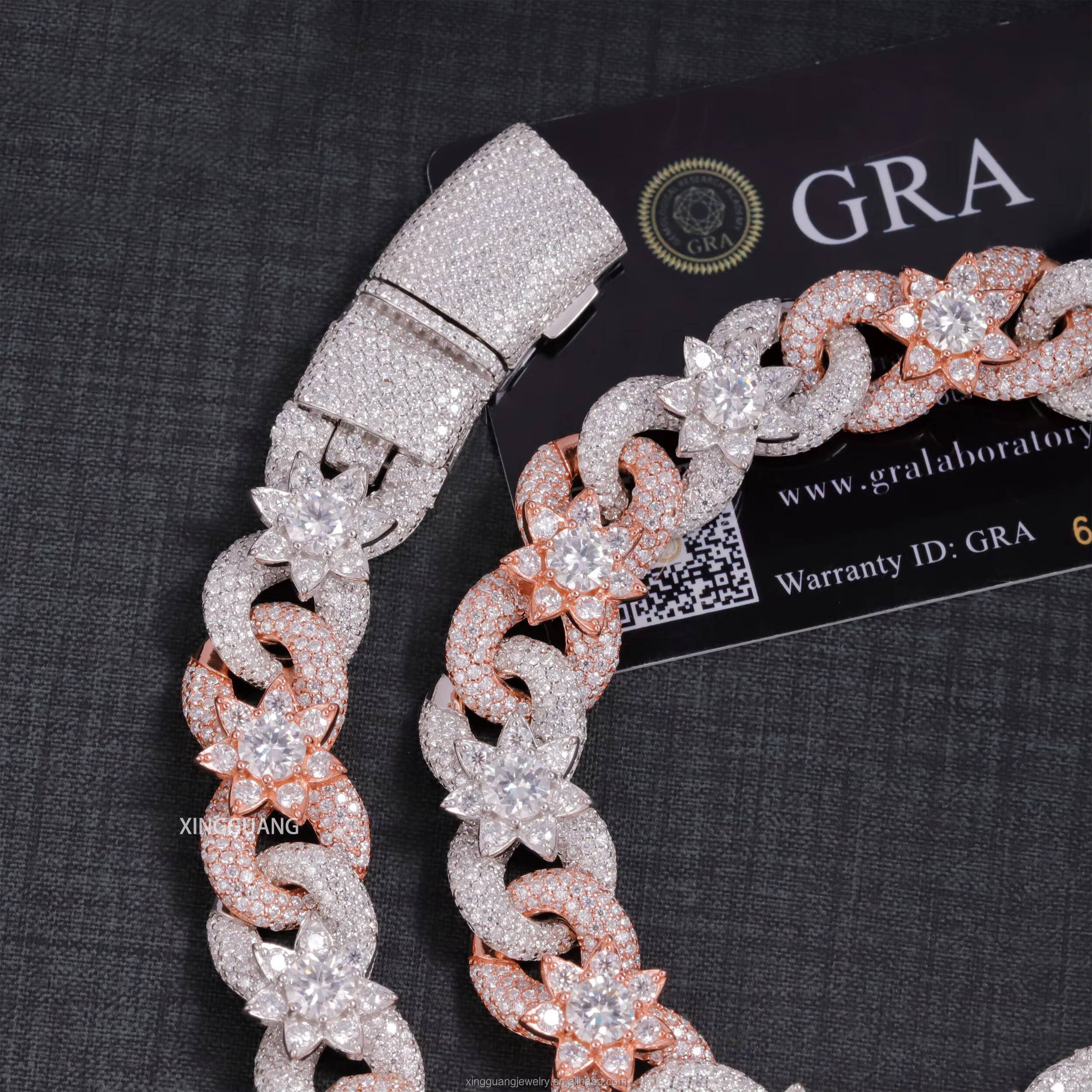 XingGuang Pass Diamond Test VVS Moissanite Cuban Lidynamic Chain Flower Shape Solid Silver Chain Hip Hop Jewelry Necklace