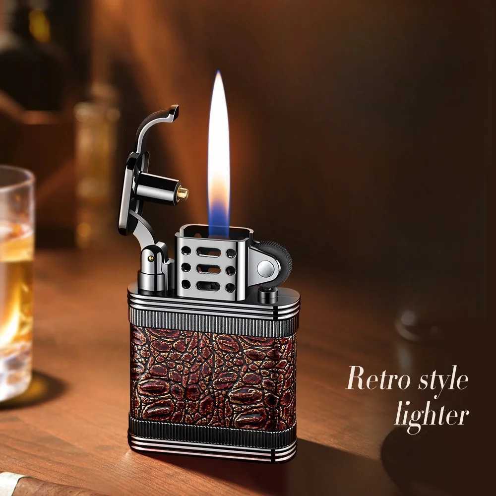 New Transparent Window Retro Grinding Wheel Lighter Alloy High Quty Light Luxury Leather Pattern Cigarette Lighter C251022