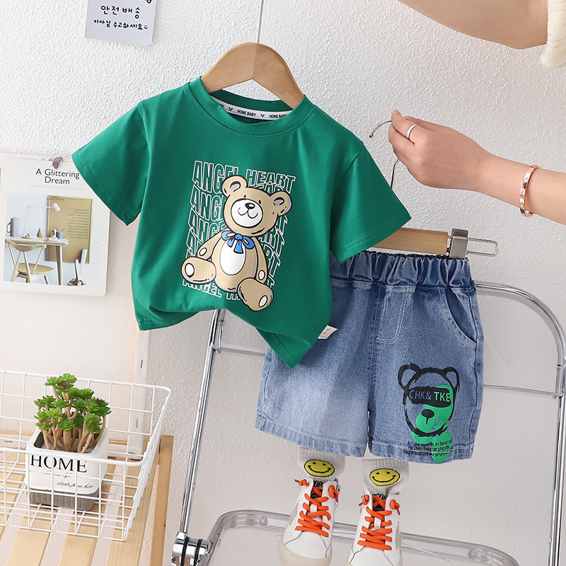 2025 New Boys Bear Print Set, Summer Short Sleeve 2-Piece Outfit, Cute Casual Wear for Toddler