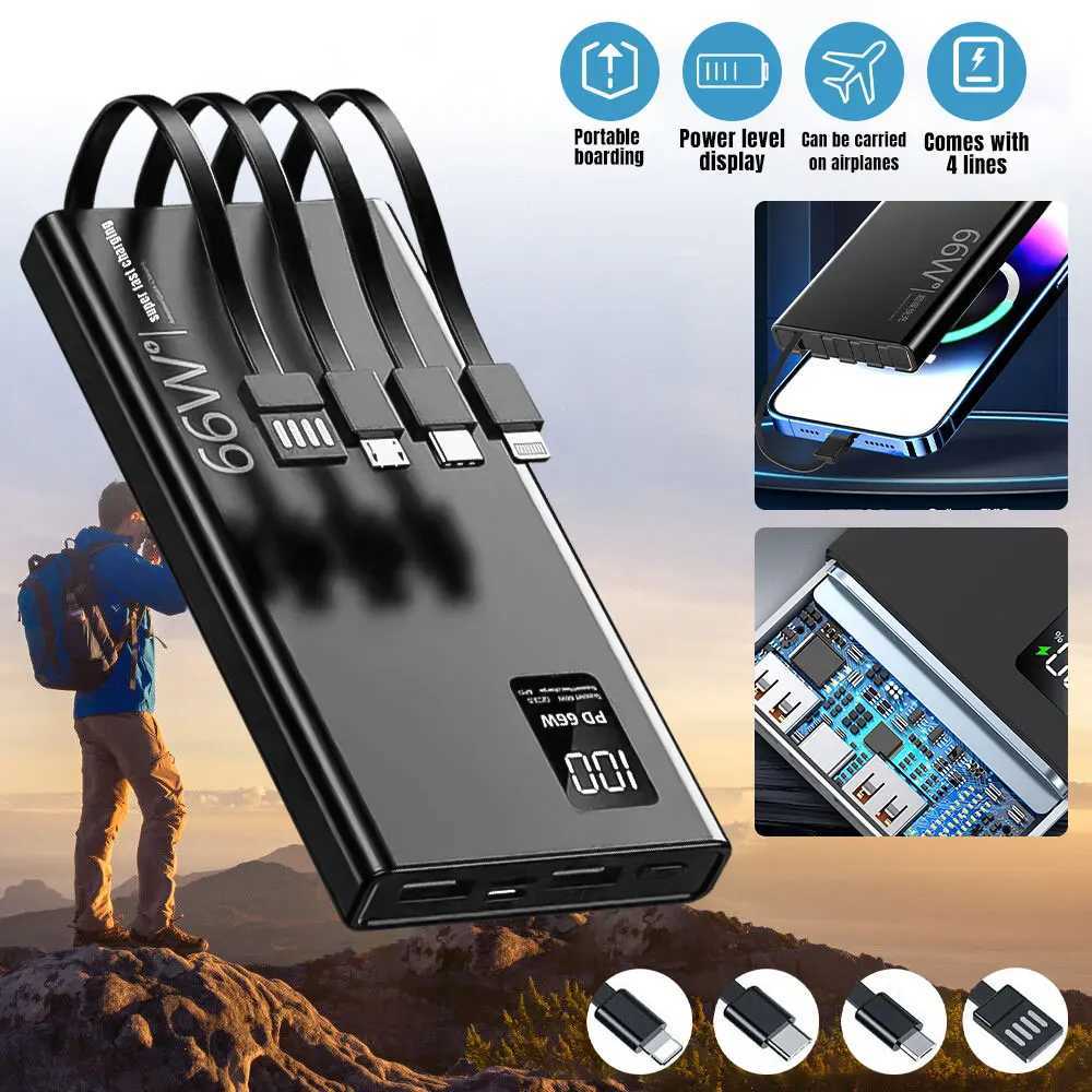 20000mAh Power Bank 66W Super Fast Charging For 20W Builtin 4 Cables Portable Digital Powerbank External Battery J251114