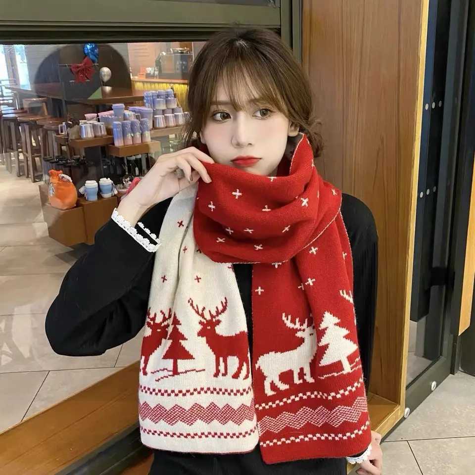 Women Warm Knitted Scarf Christmas Tree Pattern Winter Fashionable Versatile Green Yarn Scarf Student Couple Christmas Gift J251022