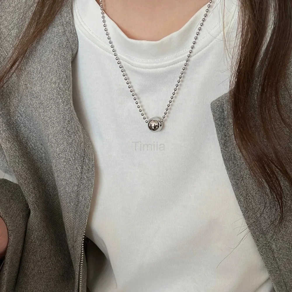 Personality Design Silver Color Stainless Steel Beaded Ball Pendant Necklace for Women Double Layer Hip Hop Rock Chokers Jewelry U251022