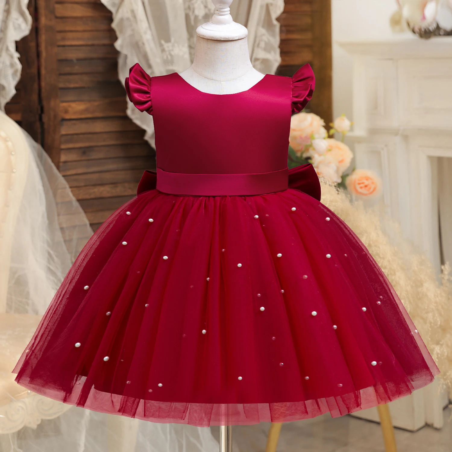 Toddler Girl Red Christmas Princess Dress Cute Girl Birthday Party Prom Gown 38 Years Kids Backless Bow Beading Xmas Costume 251021