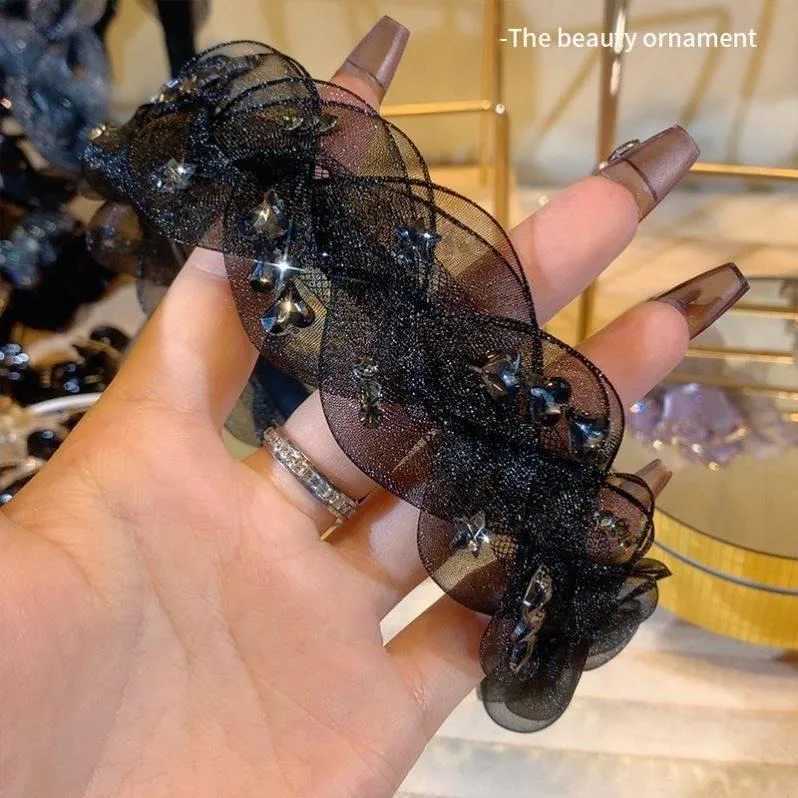 Advanced black gauze hair bands womens accessories for girls rhinestone fried dough twists headband with girl temperament clip V251022