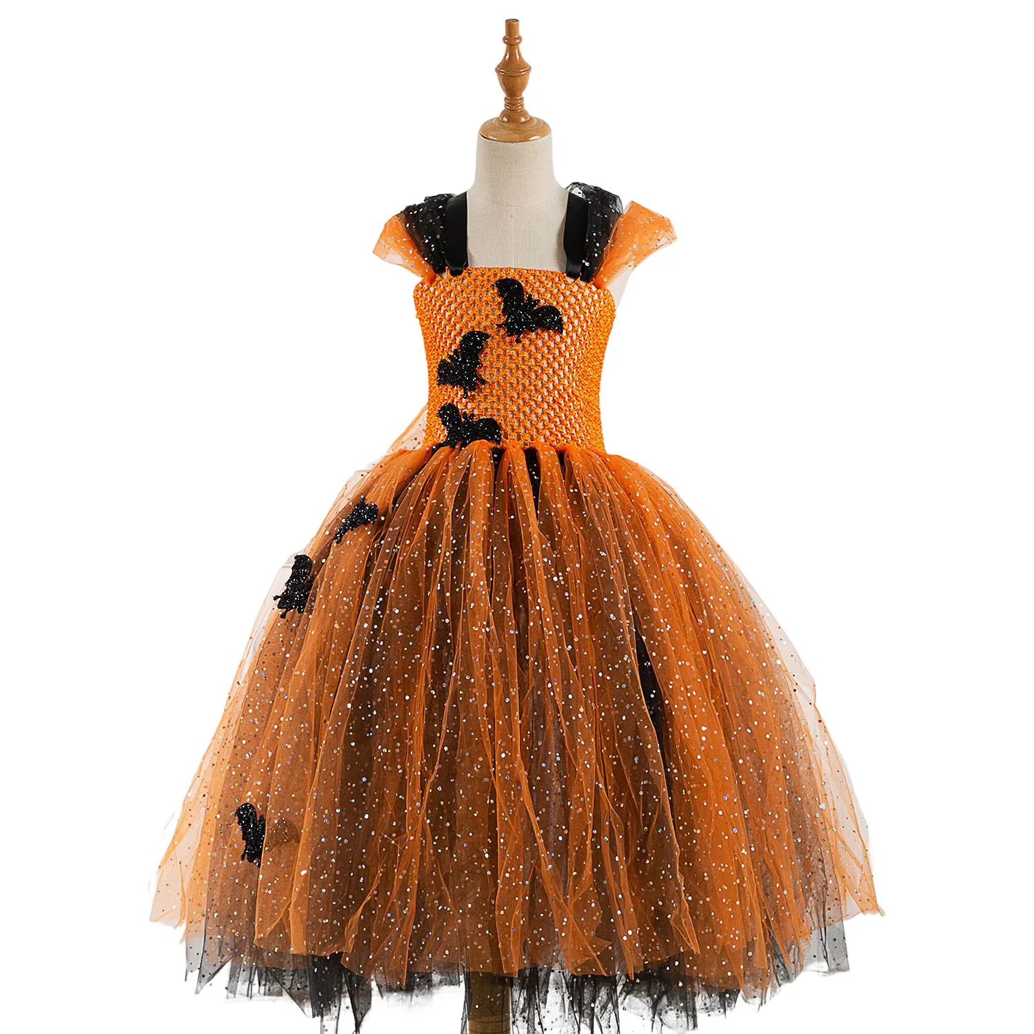 Sparkly Bat Halloween Costumes for Girls Kids Witch Long Tutu Dress Children Carnival Party Outfit Gold Black Ball Gown i251021
