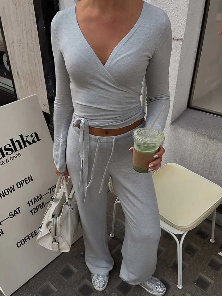 Absobe Autumn Winter Loose Pants Leisure Suit Women Flare Sleeve Crop Cardigan Top Laceup Solid 2 Piece Set Fashion OutfitT251022