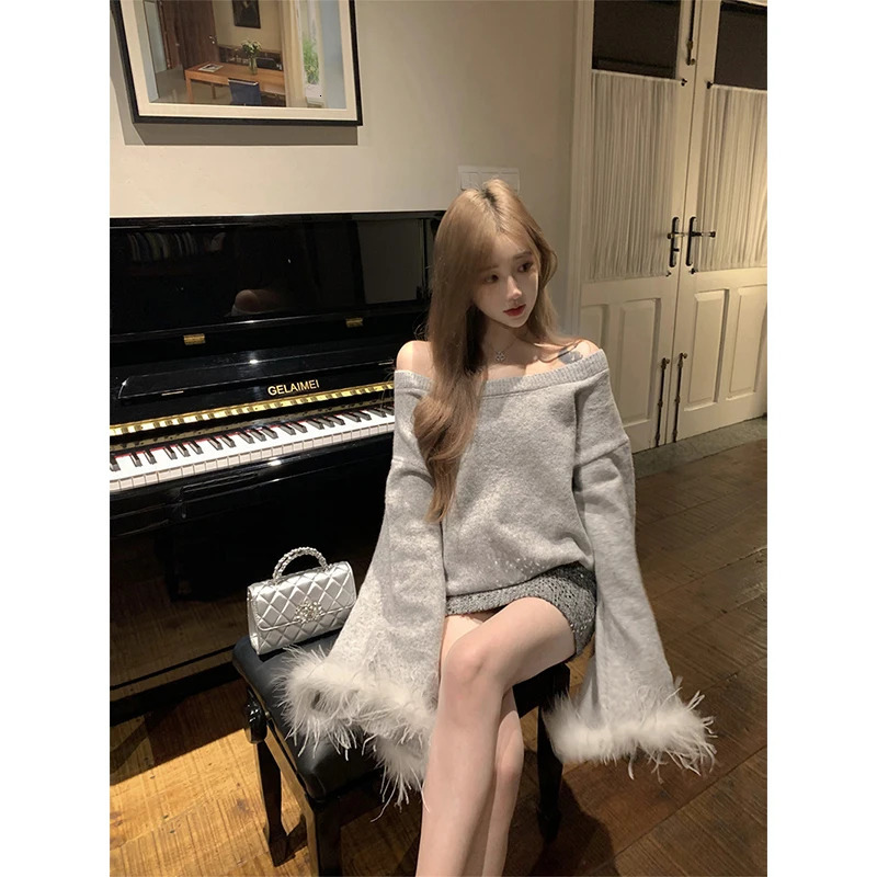 Elegant Slash Neck Sweater Women Fashion Faux Fur Patchwork Knitted Pullovers Korean Oversized Knitwears Winter Jumpers 251016