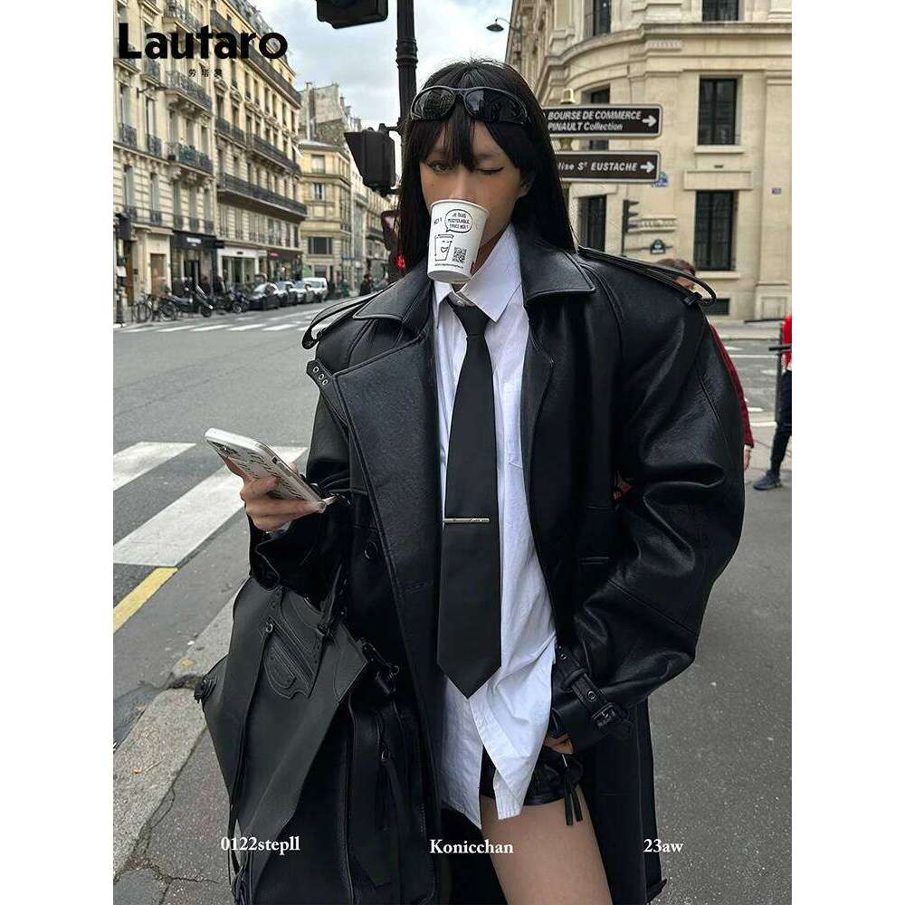 Lautaro Spring Autumn Extra Long Black Pu Leather Trench Coat for Women with Back High Slit Chic European Fashion 2024