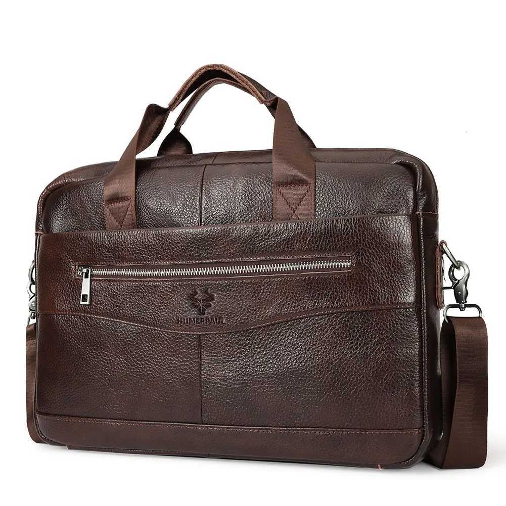 Genuine Leather Mens Briefcase for Work High Quality Laptop Bags Casual Male Shoulder Messenger Top Layer Leather Travel Bags W251022