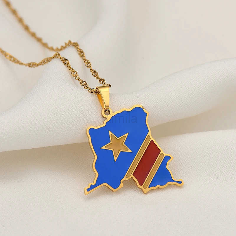 Democratic Republic of the Congo Map Colored Flag Pendant GoldSilver Color DRC Kinshasa Necklace Ethnic Stainless Steel Jewelry U251022