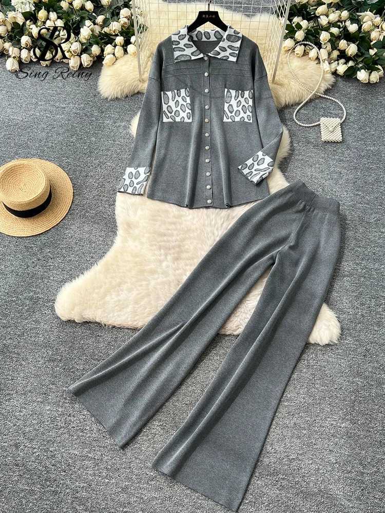 SINGREINY Winter Leopard Casual Suits Fashion Women Loose Knit ShirtElastic Wide Legs Long Pants Print Sweater Two Pieces SetsT251022