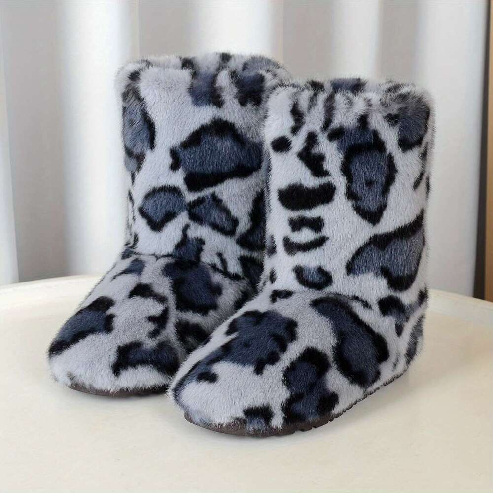 Women's Winter Warm Faux Plush Mid-Calf Slip-On Flat Round-Toe Casual Boots