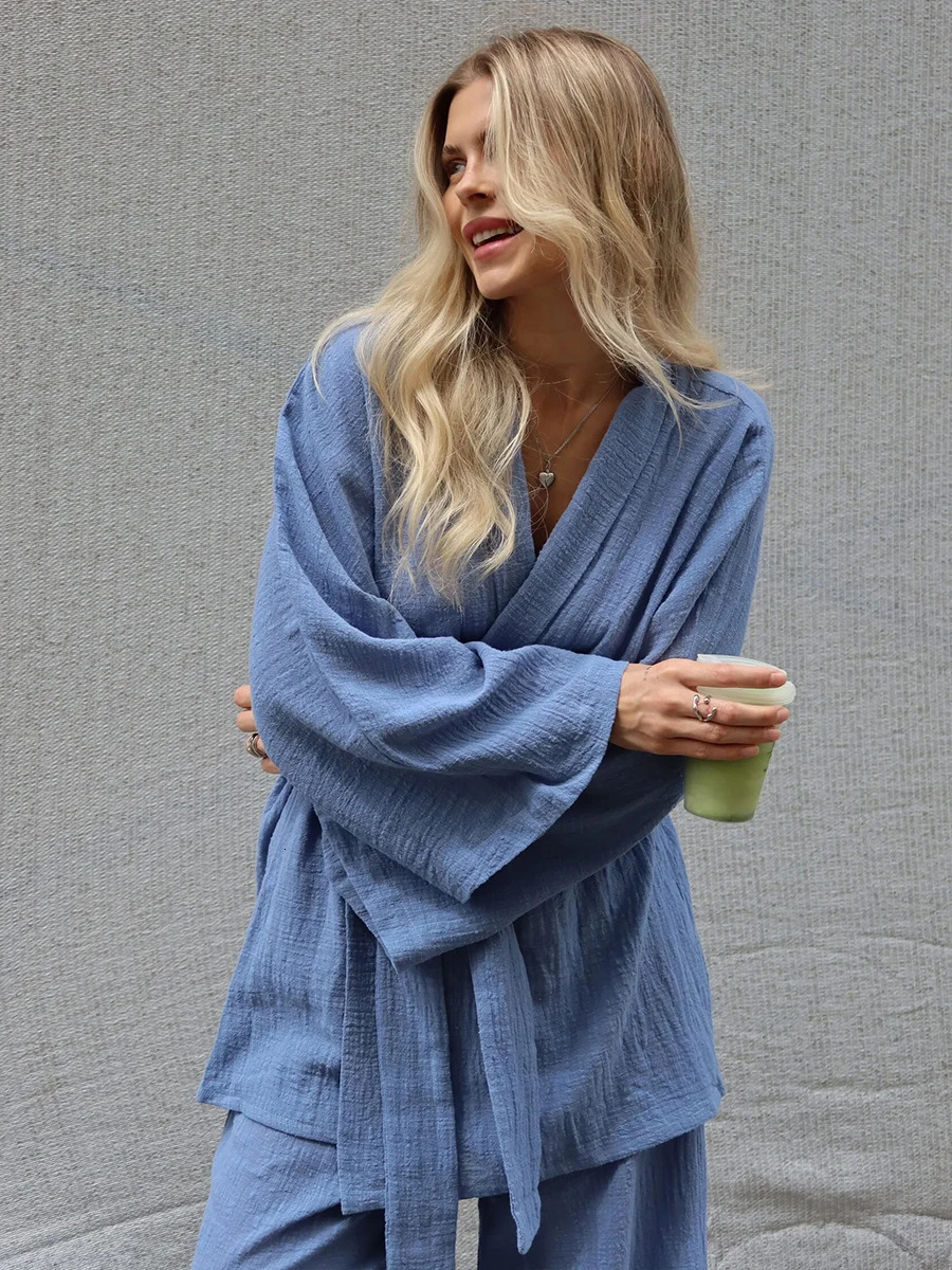 Blubelle 2025 Autumn 100 Cotton Womens Blue Lace Up Long Sleeve Pajama Set Loose Pants 2 Piece Leisure Homewear 251022