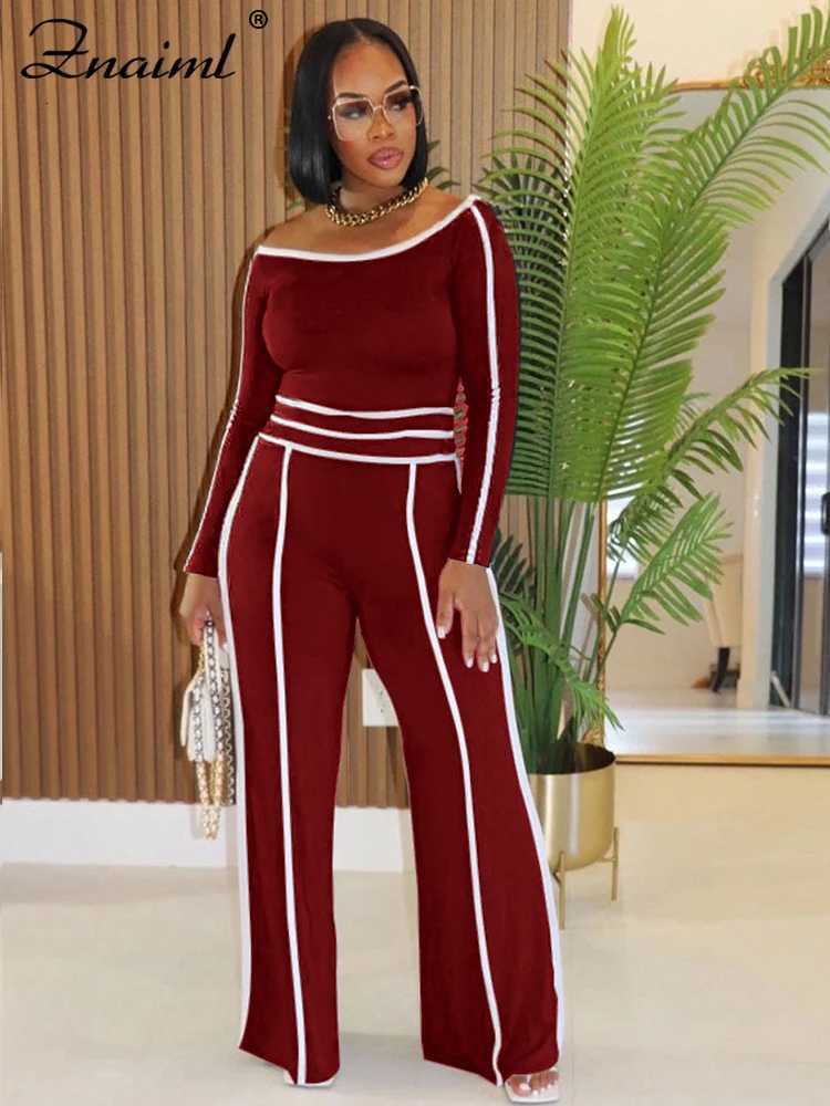 Znaiml Women Sporty Black 2Piece Set Casual Streetwear OffShoulder Crop Top with Full Sleeve High Waist Wide Leg Pants OutfitT251022