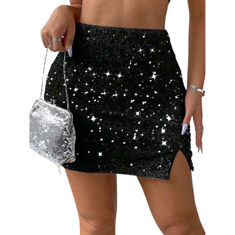 Women's Mememe Brand Sexy Party Sequin Mini Skirt with Side Slit, High-Quality Fashion Slim-Fit Skirt (S-XL, Black/Red)-D230