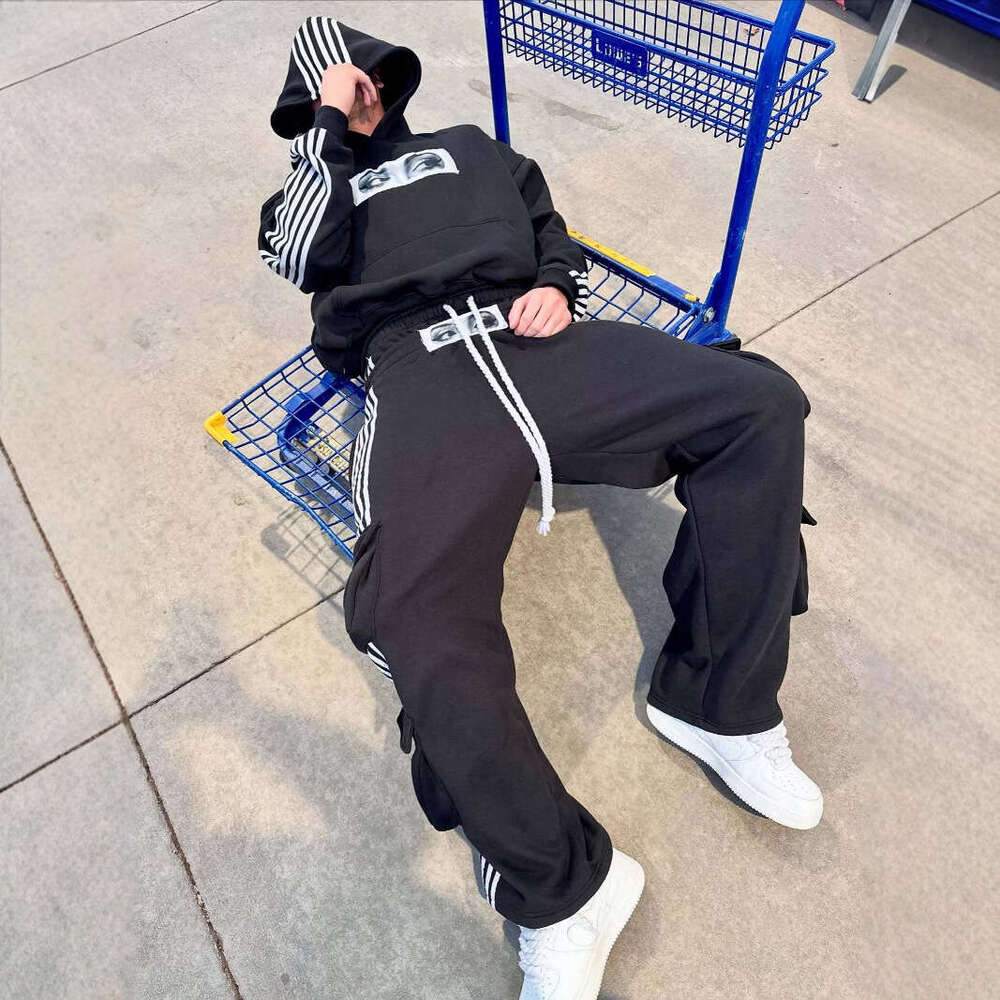 American Style Striped Print Loose Unisex Street Hip Hop Personality Patch Embroidered Sweatshirt and Sweatpants