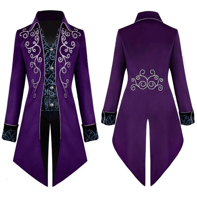 Red Embroidered Mens Long Jacket Black Mock Twopiece Trench Coat Purple Collared Vintage Tailcoat 251014