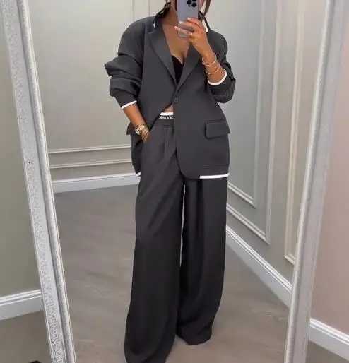 Two Piece Set Women Outfit 2025 Spring Autumn New Grey Commuting Notched Collar Long Sleeve Blazer High Waist Pants SetT251022