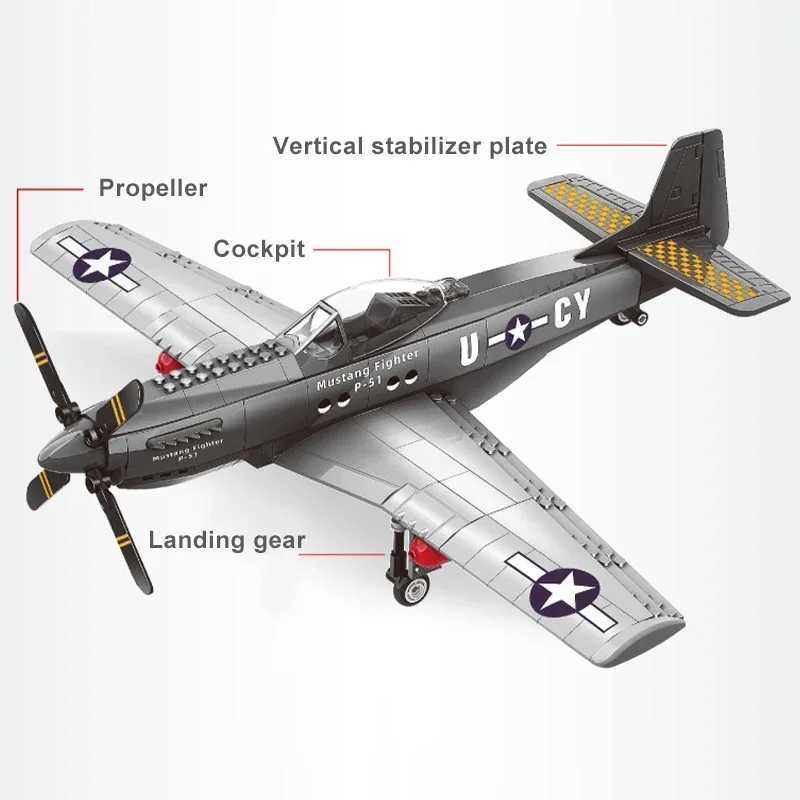 Military USA P51 Mustang Fighter Jets Model Building Blocks Technical Aircraft Airplane MOC Weapons Bricks Toys for Adult Gifts J251022