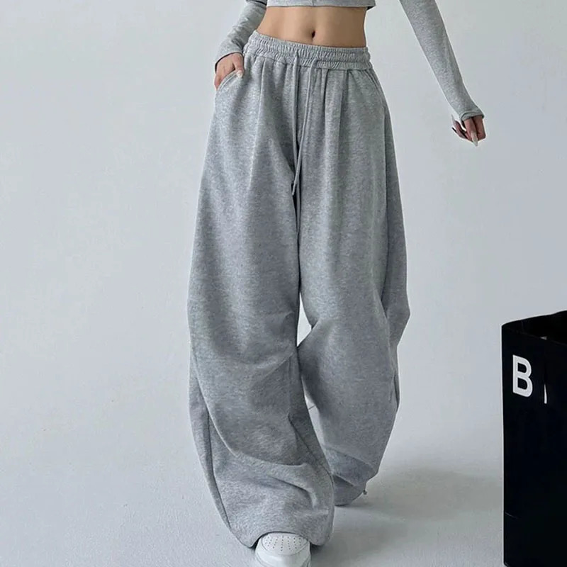 2025 Harajuku Wide Leg Sweatpants Women Streetwear Baggy Oversize Gray Sports Pants Woman Drawstring Casual Joggers Trousers 251022