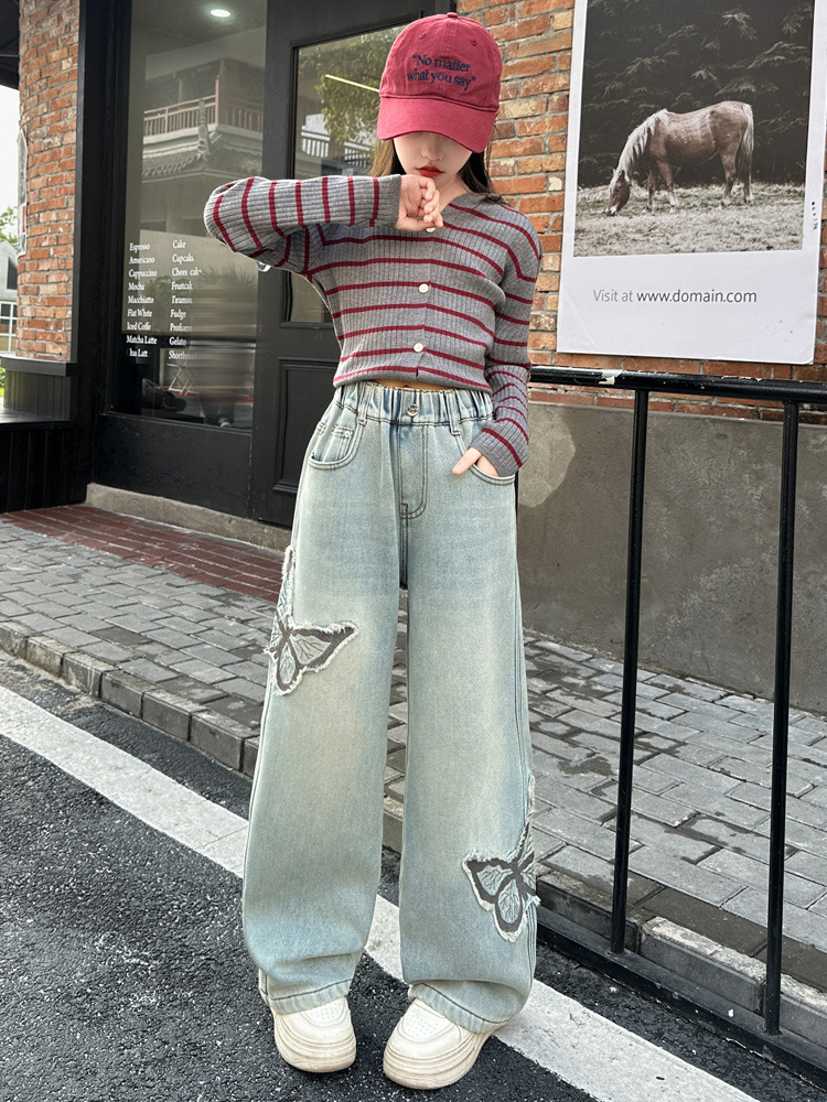 Kids trousers designer 2025 New Girls Jeans with Butterfly Patch, Spring Autumn Loose Fit Straight Wide Leg Pants, Cargo Trousers for Big Kids Tweens