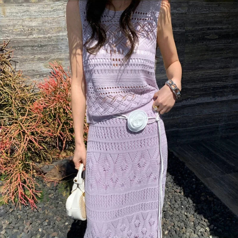 Summer Korean Knitted Lace Hollow out Vest Set Pure Desire Long Skirt Two Piece Set Floor Length Evening Gown 251020