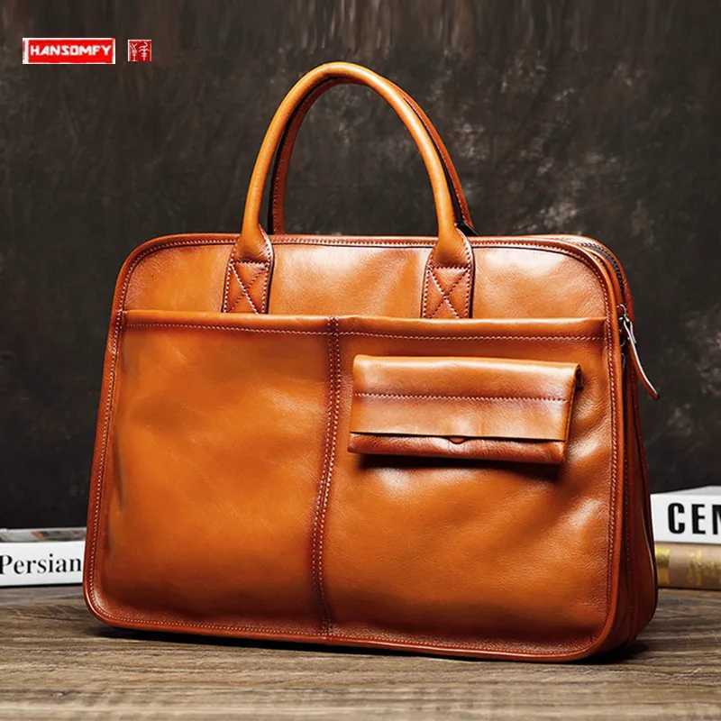 Cowhide Genuine Leather Mens Handbags Business Briefcases Large Capacity 1417 Inch Computer Bag Travel Shoulder Messenger Bags W251022