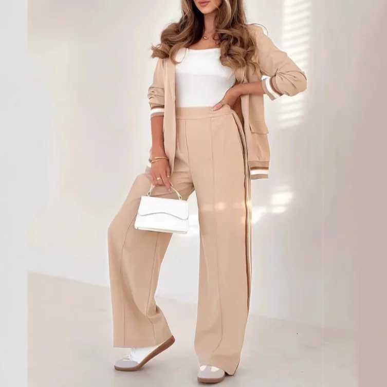 Pant Sets Women Wide Leg Pants Two Piece Set Button Coats Matching Sets Patchwork High Waist Elegant Trousers Pockets SportyT251022