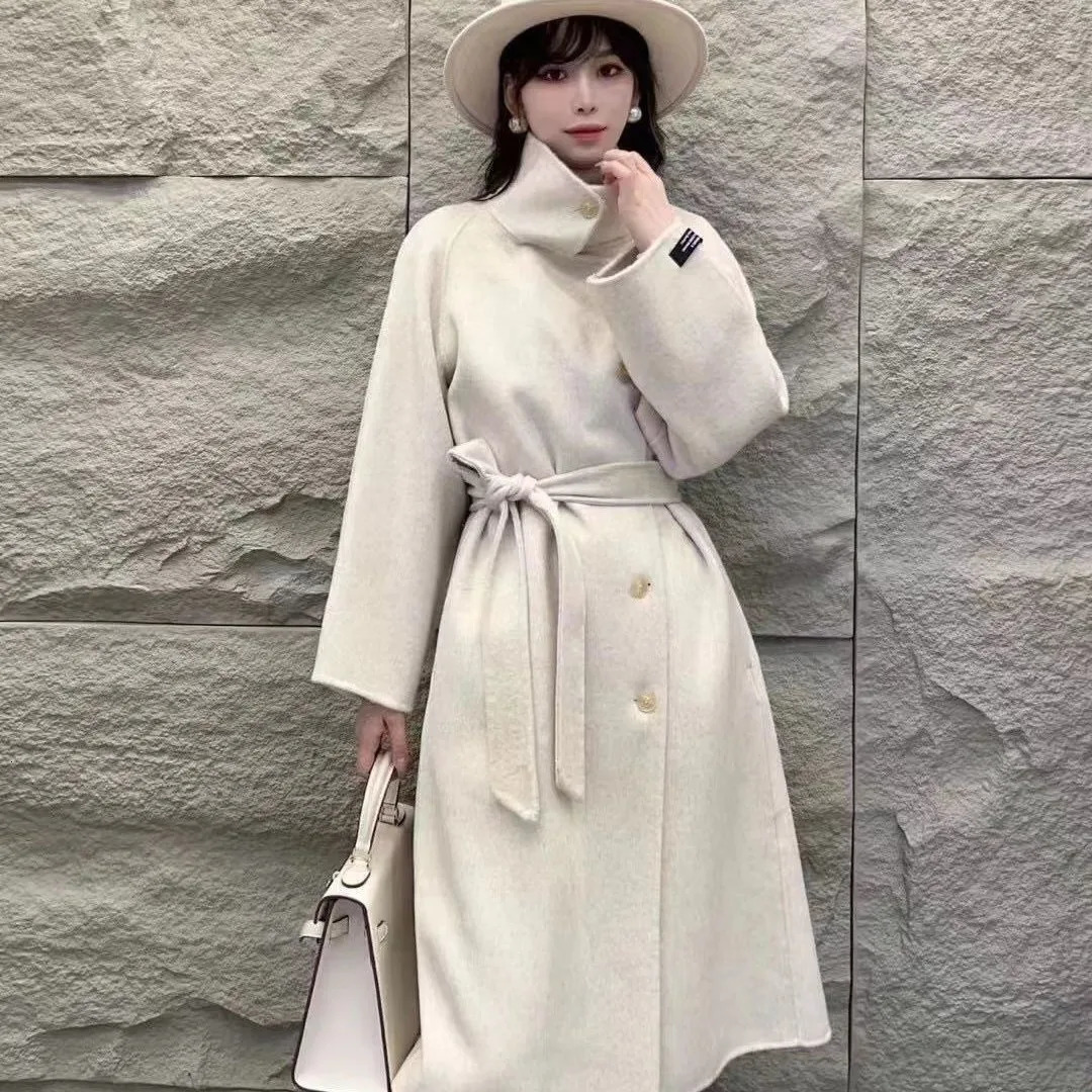 Women dark grey black stand collar 100 woolen double sided coat long length loose soft warm outerwear overcoat autumn winter 251020