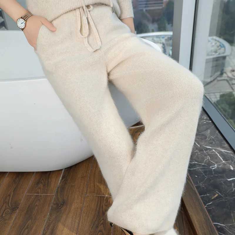 100 Pure Mink Cashmere Knit WideLeg Pants Womens Elastic Waist Loose Straight Trousers Leisure Thick Drawstring Mopping pantsT251022