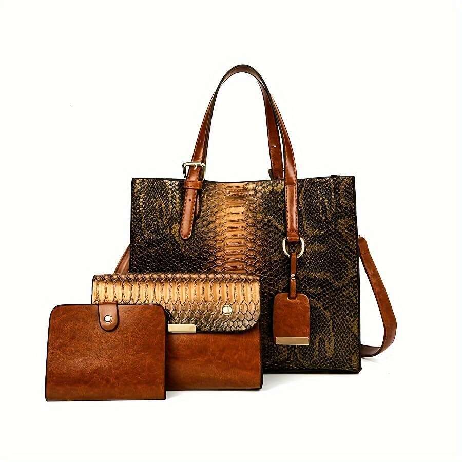 3-Piece Set Women's Crocodile Pattern Handbags, Stylish Faux Leather Tote With Matching Clutch & Wallet, Vintage Design Crossbody Bag