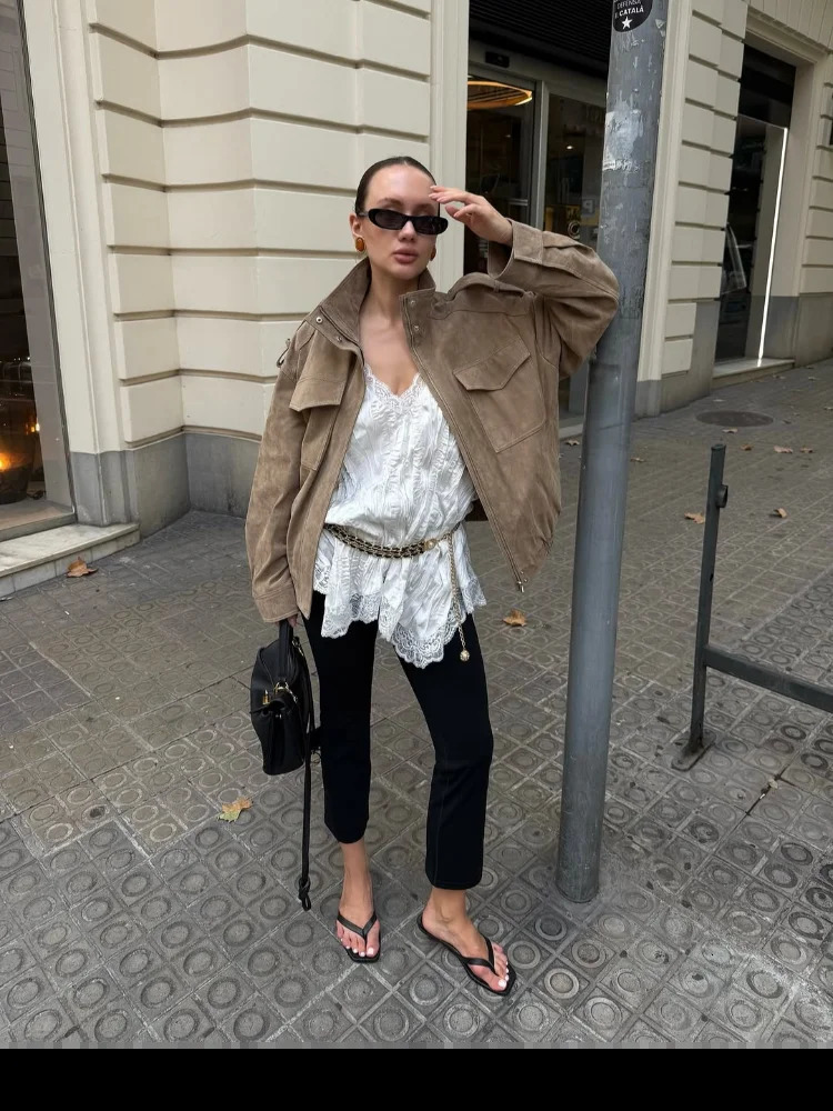 Women Casual Suede Short Jacket Fashion Stand Collar Zipper Pocket Loose Outerwear Lady Autumn Chic Daily Highstreet Jackets 251020