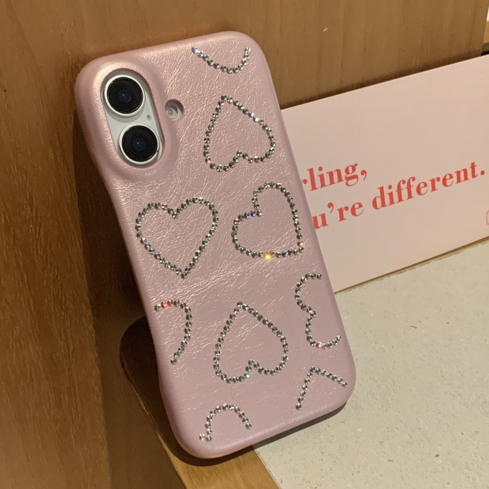 Ice Pink Heart Diamond iPhone Phone Case Compatible with iPhone 17/16 Pro Simple Solid Color 15/14P Protective Cover 13