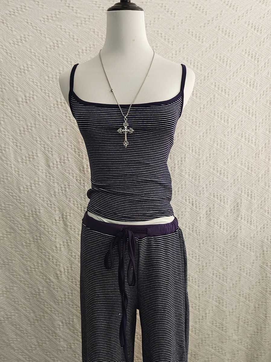 Navy Striped Cotton Tank Pant Set Women Summer Slim CamisoleDrawstring Straight Sweatpants Vintage Streetwear 2 Piece Sets Y2kT251022