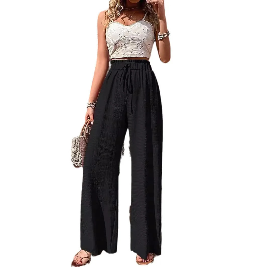 Women High Elastic Waist Wide Leg Pants Summer Casual Female Sand Beachwear Full Loose Trousers YLX333 251022