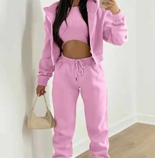 Solid Color Short Hooded Jacket Sleeveless Vest and High Waisted Ankle Pants Set for Autumn Womens Sports Style 3Piece SetT251022