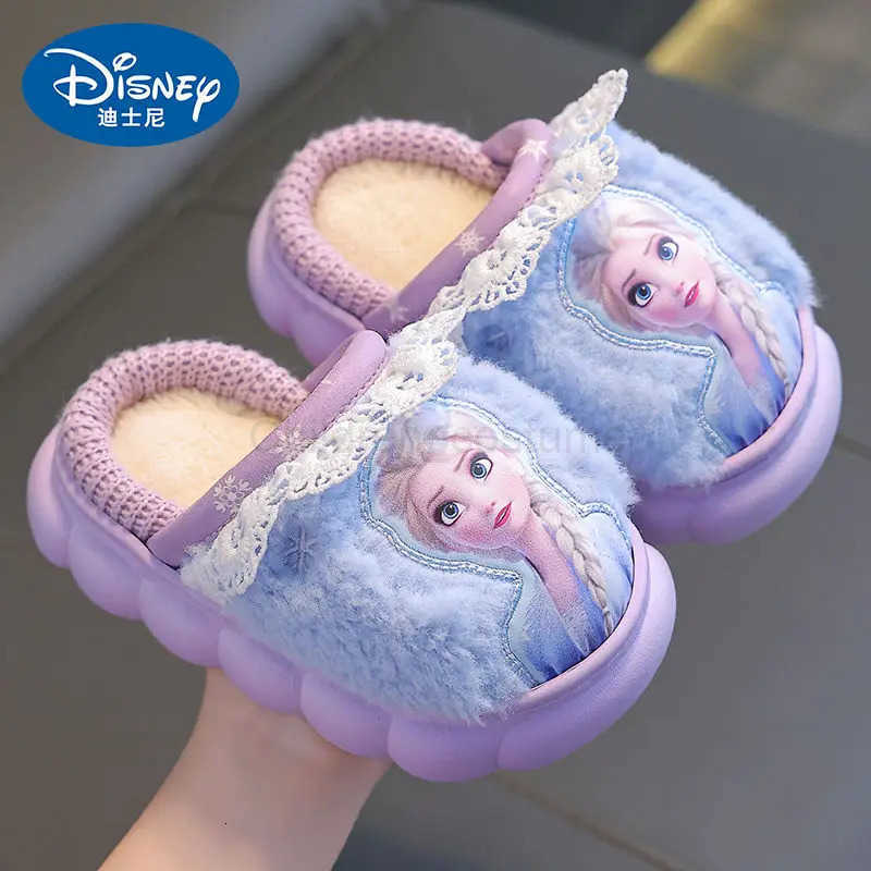 Disney Princess Elsa Frozen Slippers for Girls in Autumn Winter Indoor Warmth Non slip Childrens Plush Cotton Blue Purple Shoes H251022