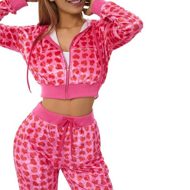 Womens Pants Suits Female Short Coat Heart Print Long Sleeve Tops with Zipper and Pockets Womens Clothes for Spring Fall 2024T251022