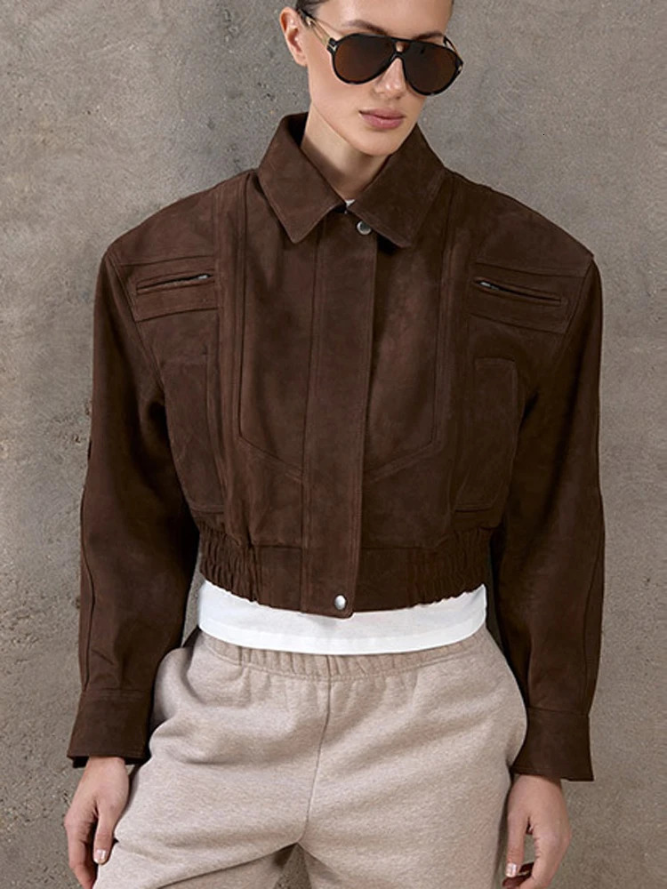 FSMG Vintage Solid Suede Lapel Jacket For Women Casual Long Sleeve Pocket Zipper Short Coat Lady High Street Motorcycle Outwears 251017