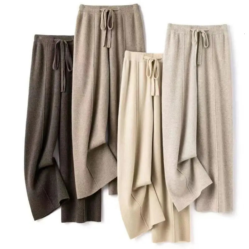 Women Merino Wool Knitted Wide Leg Pants Autumn Winter Basic Soft Warm Cashmere Knit Trousers Casual Simple Style Korean 251022