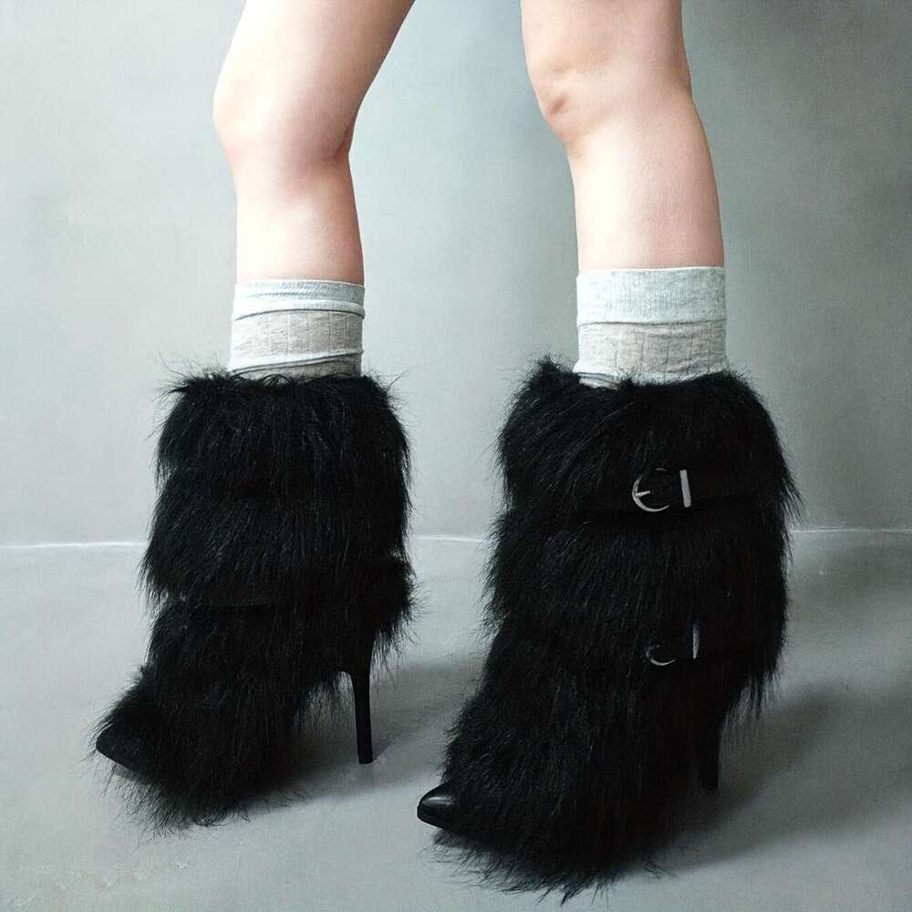 Women's Punk Style Faux Fur Fluffy Pointed Toe Stiletto Ankle Plush Lining Warm Winter Snow Boots With EVA Insole & Non-Slip Rubber Sole, Cozy Fu