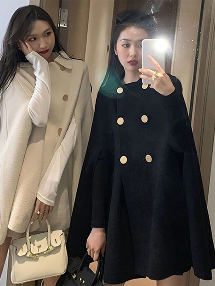 Autumn And Winter Double Breasted Women Cape Coat Loose Solid Color Female Overcoat Fashion Elegant Lapel Lady Oversized Wraps 251016