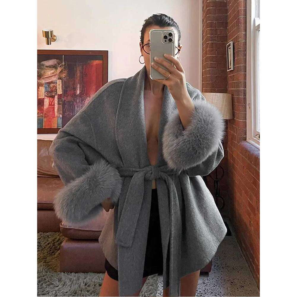 Elegant Lace Up Woolen Short Coat Solid Loose Lapel Furry Belt Long Sleeve Jacket Female 2025 Autumn Winter Lady Chic Cardigan