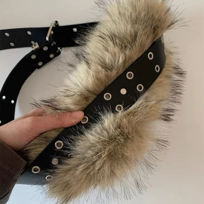 Retro Punk Y2K Fur Belts for Sexy Girls Subculture PU Leather Hollow Hole Fur Waist Band Fashion HipHop Belt Jeans Pants Decor 251013