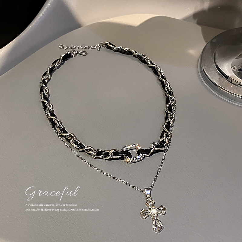 Simple Faux Leather Dia-Studded Cross Double-Layer Necklace Internet Celebrity Style Elegant Women's Jewelry - view 3