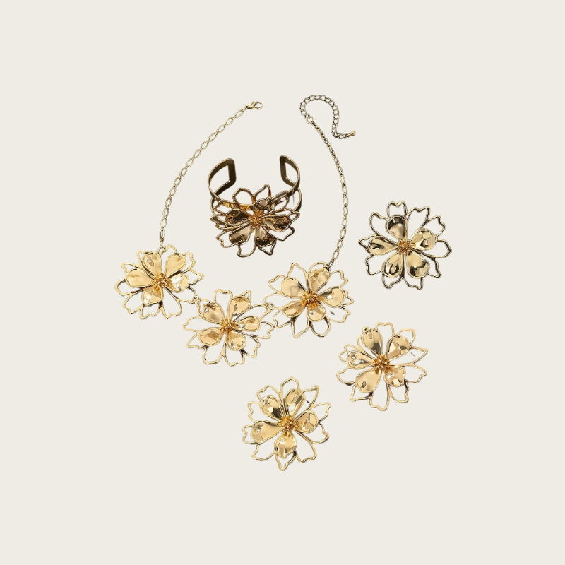 Autumn/Winter New Collection: Metallic Floral-Shaped Necklace, Earrings, and Ring Luxury Jewelry Set